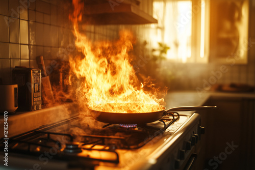 fiery flame rising from a frying pan on a gas stove in a cozy kitchen photo