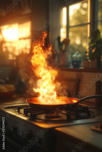 fiery flame rising from a frying pan on a gas stove in a cozy kitchen photo