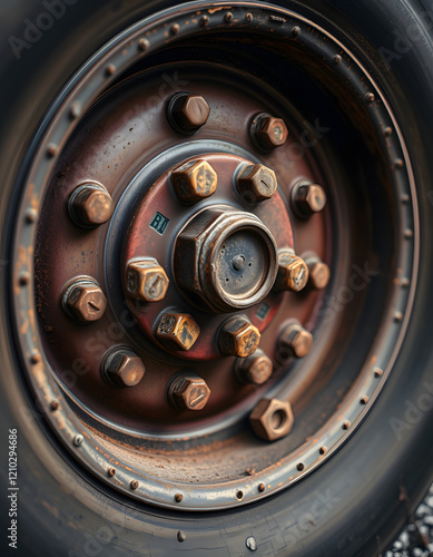 Wallpaper Mural Heavy Duty Aged Truck Wheel and Rusty Nuts Close Up, retro style, with white tones Torontodigital.ca