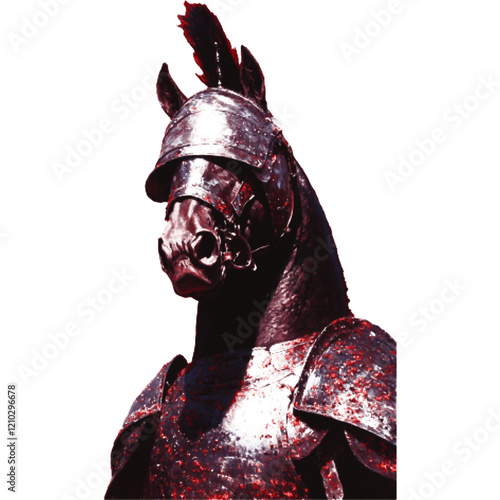 Mythological figure of a warrior horse in battle with blood on its armor. 