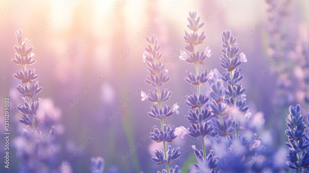 Naklejka premium Serene Lavender Field at Sunrise with Soft Light