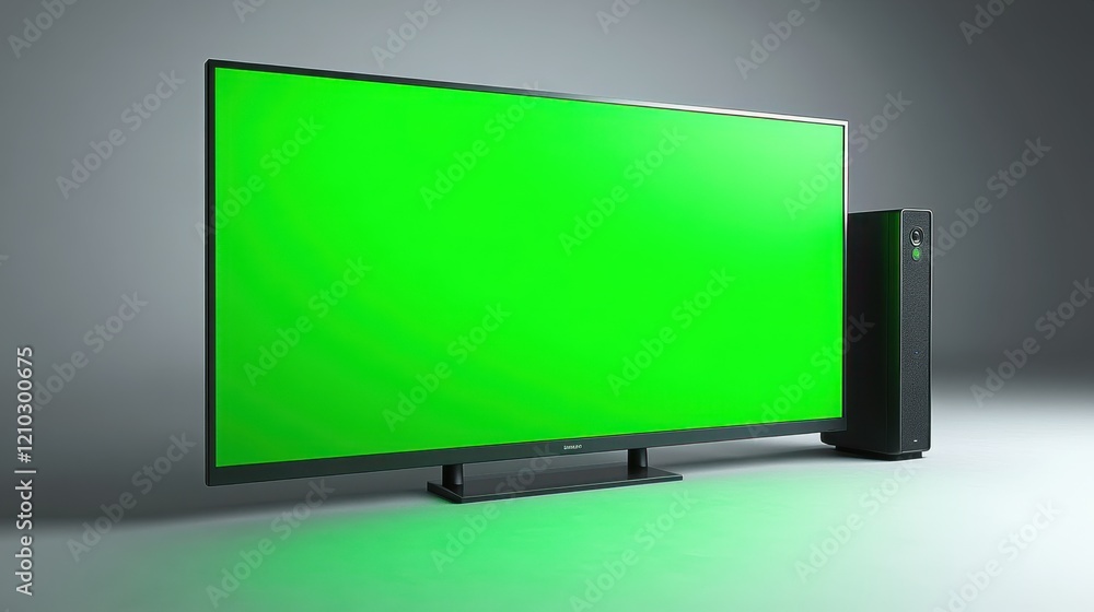 A modern television displaying a green screen beside a sound system. A modern television displaying a green screen beside a sound system.