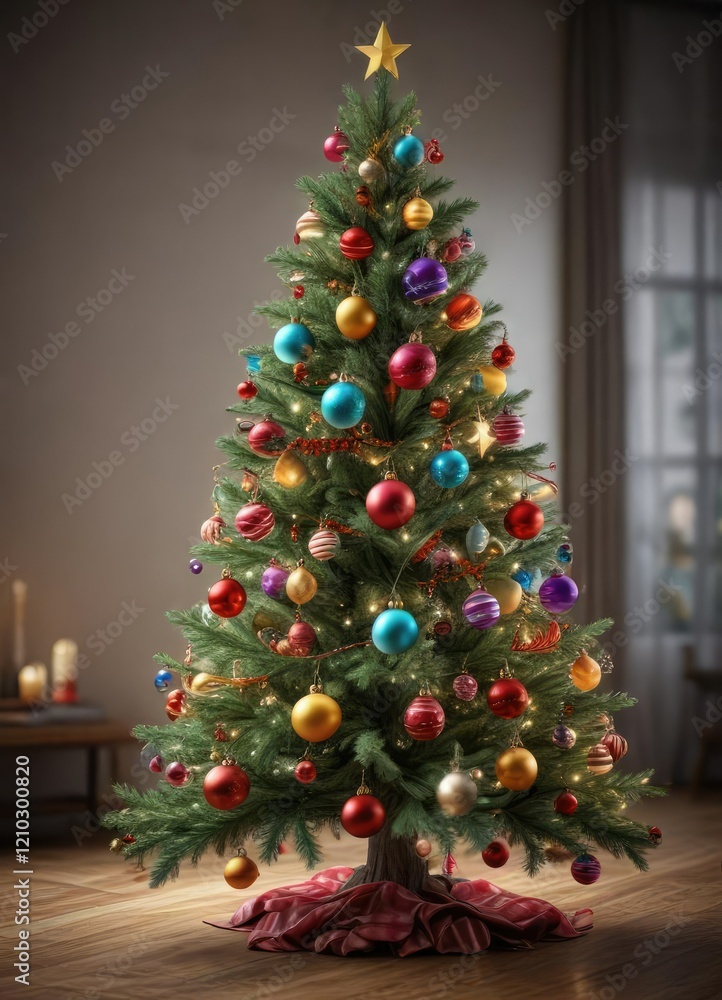 Naklejka premium Christmas tree with colorful ornaments on branches, Christmas season, holiday decoration