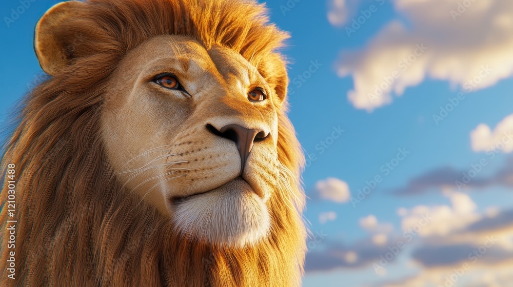 Fototapeta premium Majestic Lion Portrait Against Clear Blue Sky and Fluffy Clouds