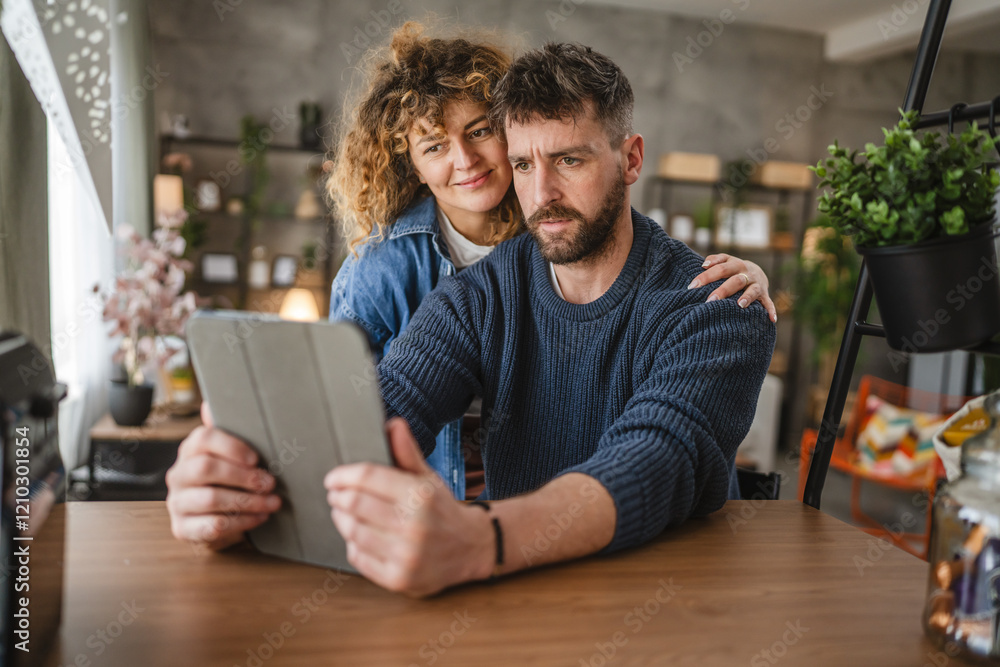 Happy couple enjoying together while browsing digital tablet screen Happy couple enjoying together while browsing digital tablet screen