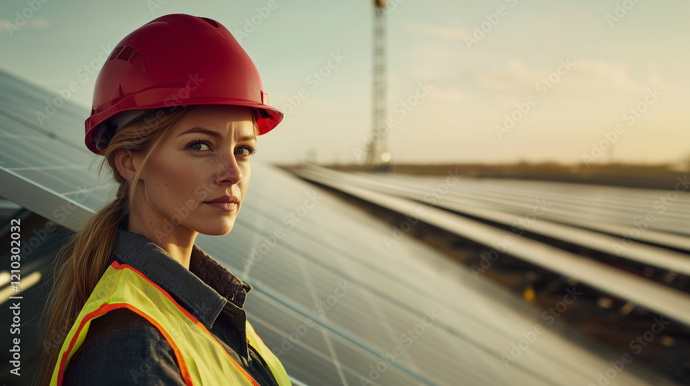 Obraz premium Woman in safety gear overseeing solar panel site during sunset at a renewable energy project. Generative AI