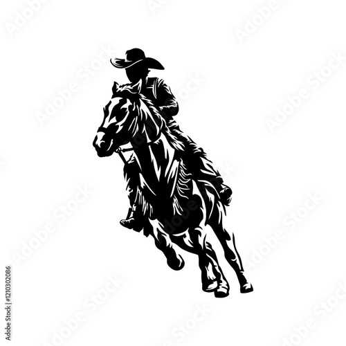 Isolated silhouette of a cowboy riding a horse, viewed from the front