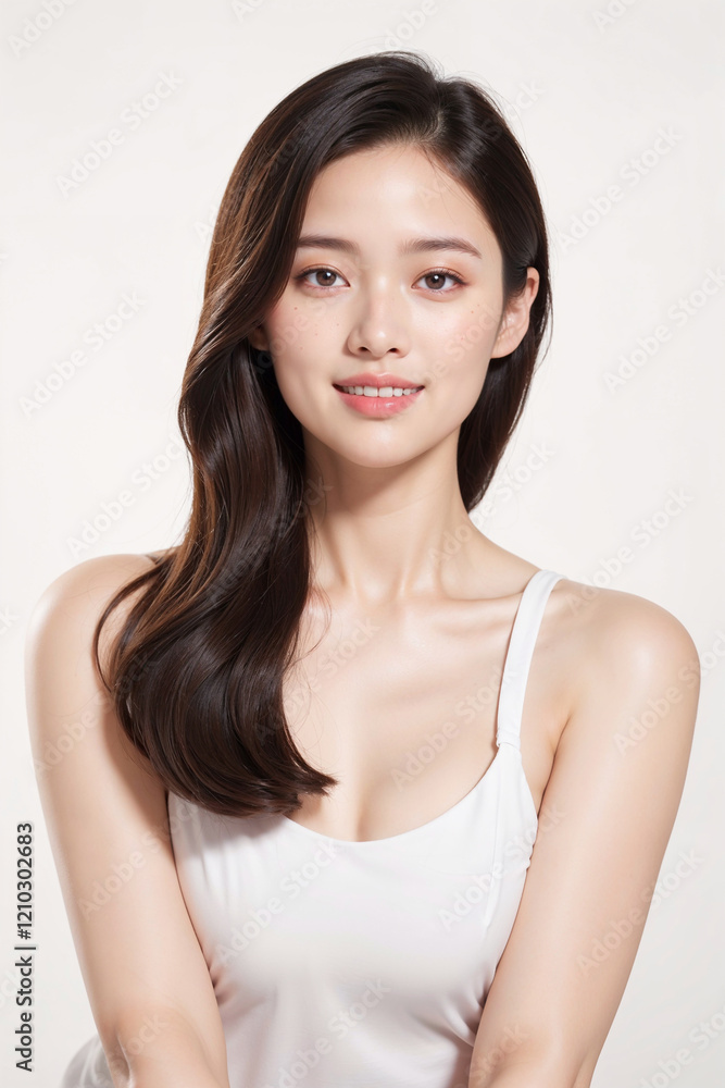 A woman with long dark hair and a white tank top is smiling for the camera A woman with long dark hair and a white tank top is smiling for the camera