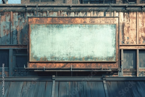 A blue and red wall with a white frame and a sign on it