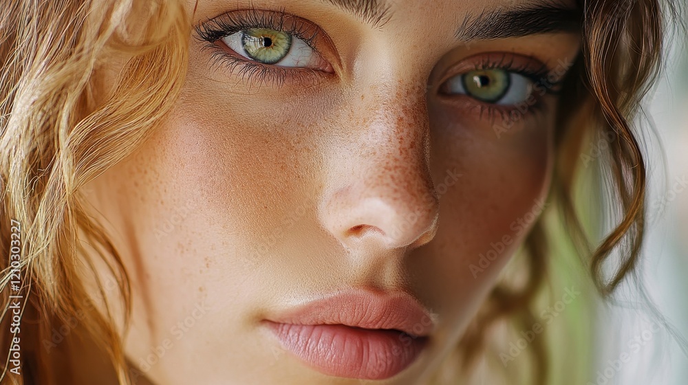 Close-up of a young woman with captivating green eyes and freckles Close-up of a young woman with captivating green eyes and freckles
