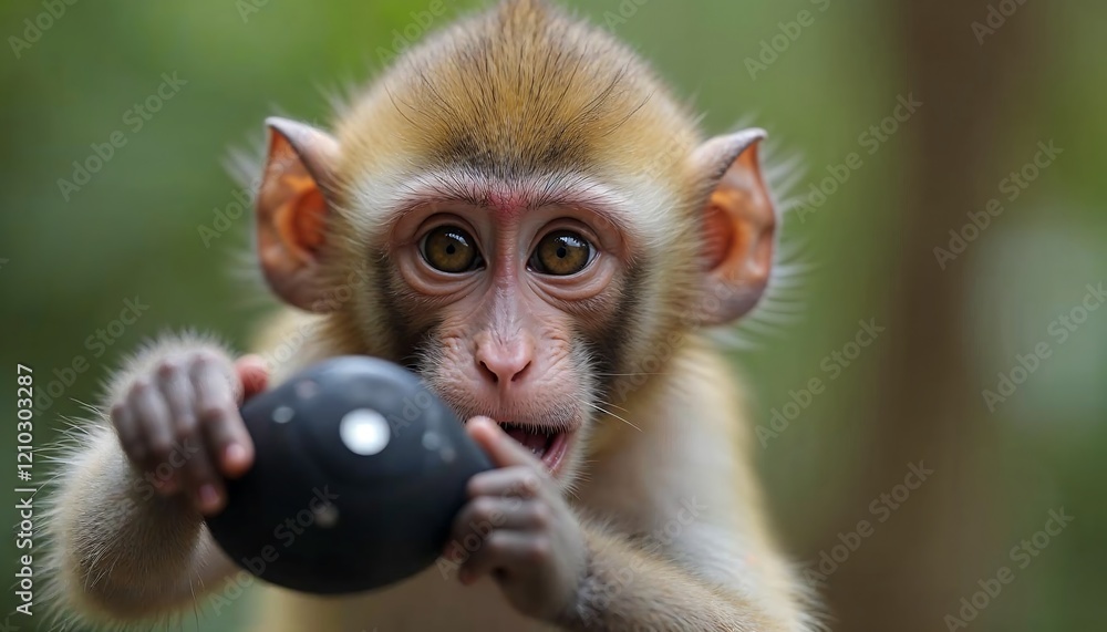 Obraz premium Adorable Baby Monkey Playing with a Ball Outdoors