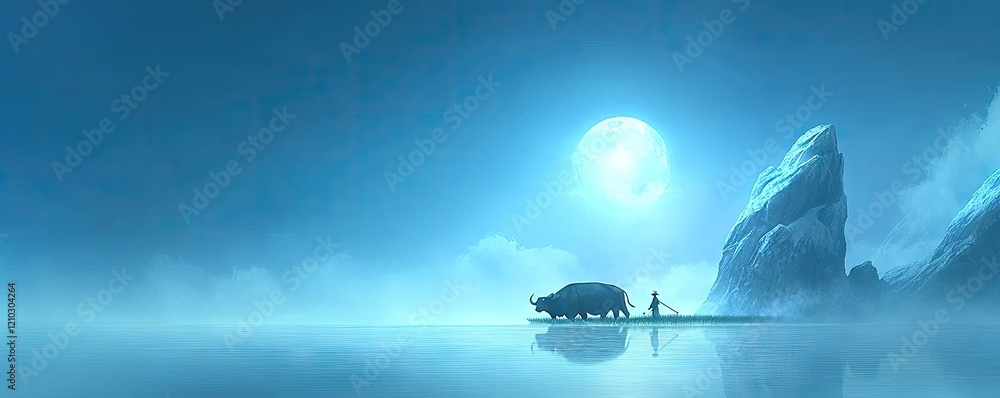 Fototapeta premium Serene moonlit lake; person with yak on raft; misty mountains