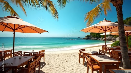 Wallpaper Mural Beachfront Restaurant with Umbrellas and Palm Trees Torontodigital.ca