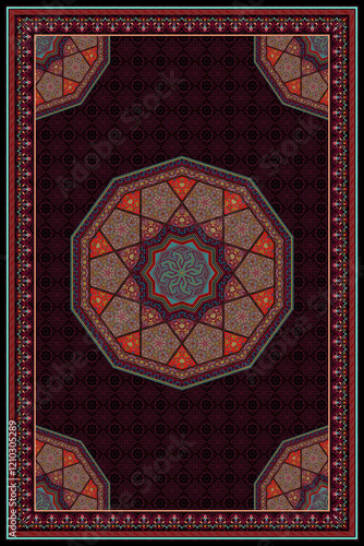 Persian Carpet Texture, abstract ornament. Round mandala pattern, Middle Eastern Traditional Fabric Texture.