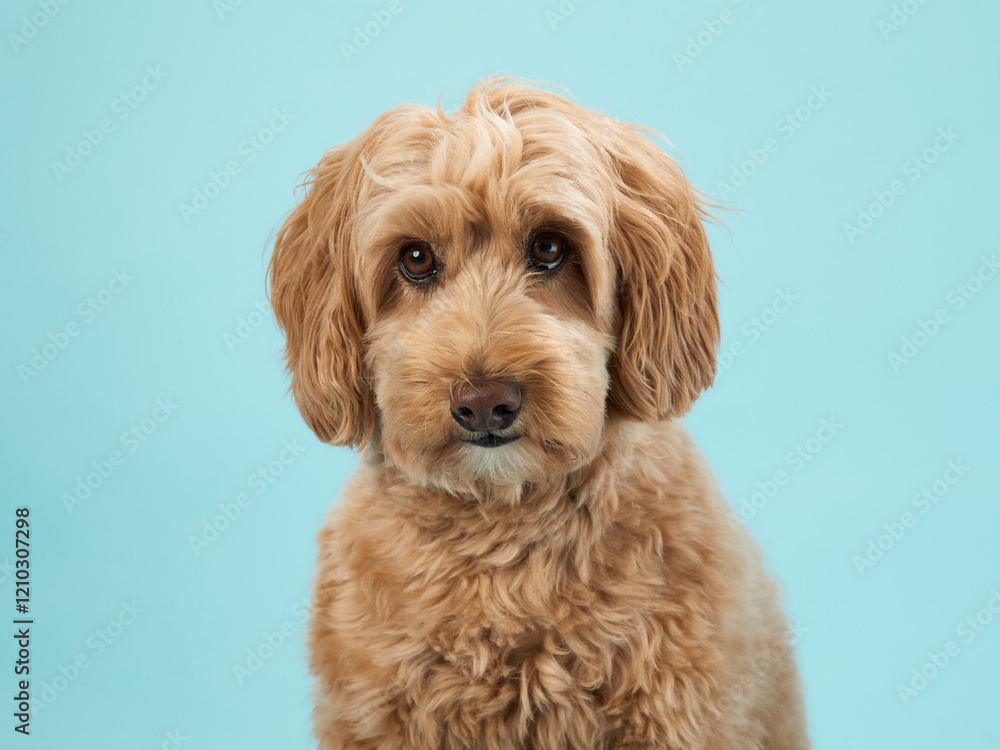 Fototapeta premium A Labradoodle with curly fur sits with a curious expression, looking straight ahead, set against a light blue background.