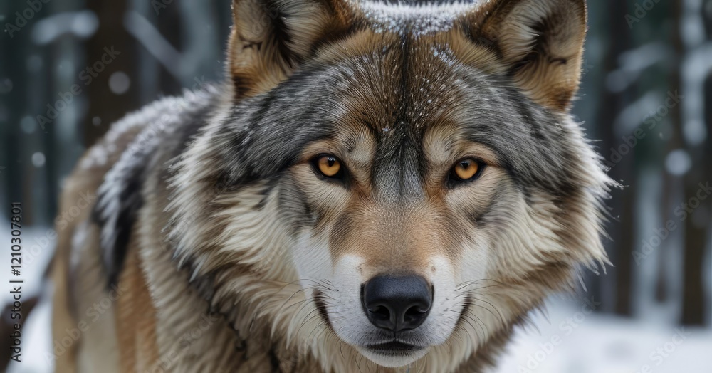 Fototapeta premium Close-up of a timber wolf's face in the midst of a snowy forest, wolf face, wildlife photography, forest wildlife