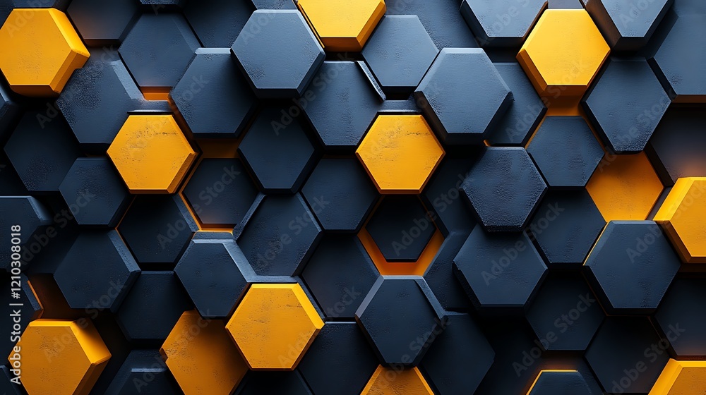3D render of gray and yellow hexagons on a dark background 3D render of gray and yellow hexagons on a dark background