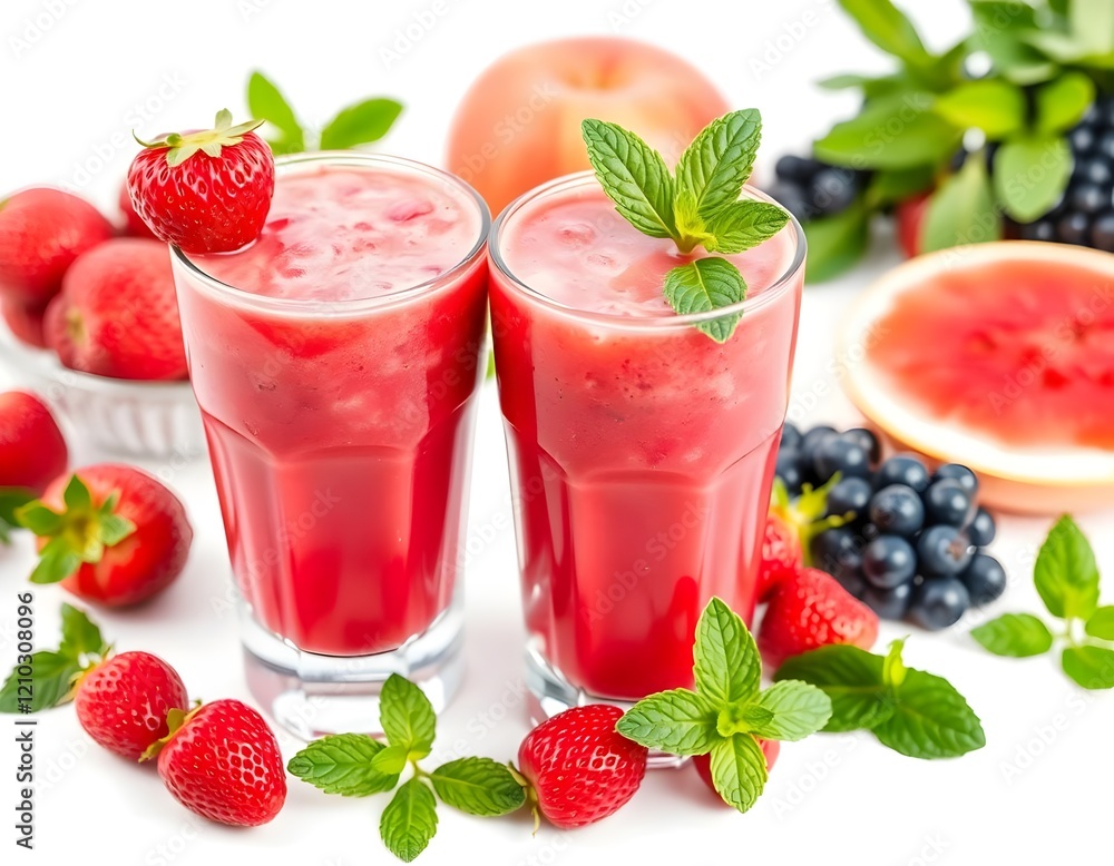 Fruit Smoothie Garnished with Fresh Mint on White Background Fruit Smoothie Garnished with Fresh Mint on White Background