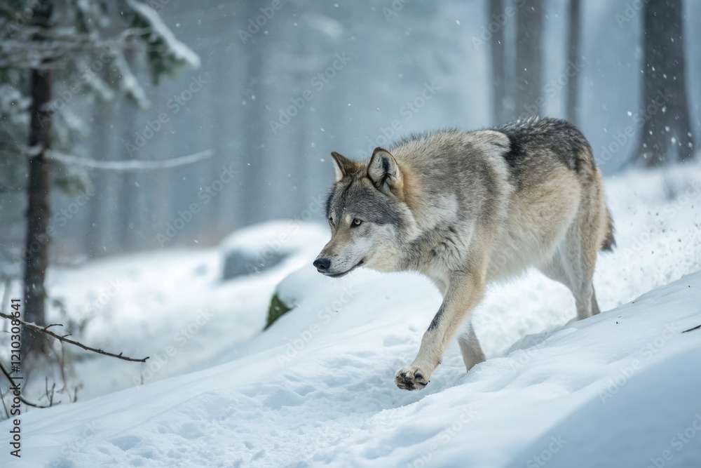 An ethereal wolf's paws barely touch the ground as it glides effortlessly across the snow-covered forest floor, weightless creature, misty atmosphere An ethereal wolf's paws barely touch the ground as it glides effortlessly across the snow-covered forest floor, weightless creature, misty atmosphere