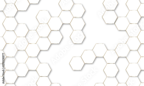 Luxury hexagonal abstract white background with golden light lines. Creative and decorative modern technological hexagon pattern background.