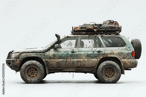 Mud-splattered SUV with rooftop cargo, side view against a white backdrop. photo