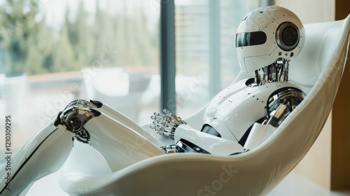 A humanoid robot in a stylish living room represents the concept of smart home automation and futuristic technology. photo