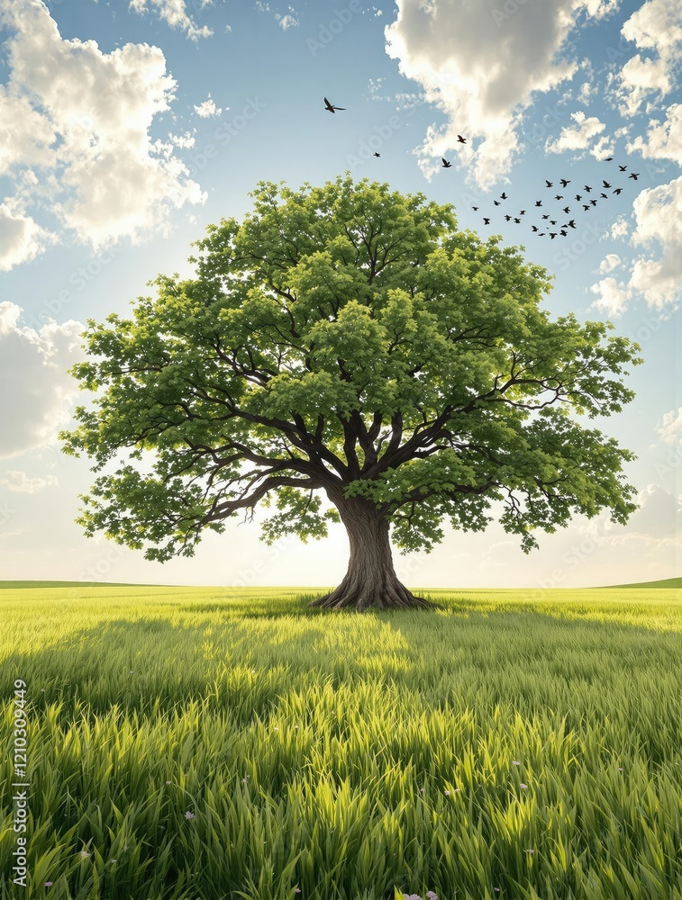Obraz premium An old oak tree stands in a field with a few birds flying overhead, oak trees, serene atmosphere