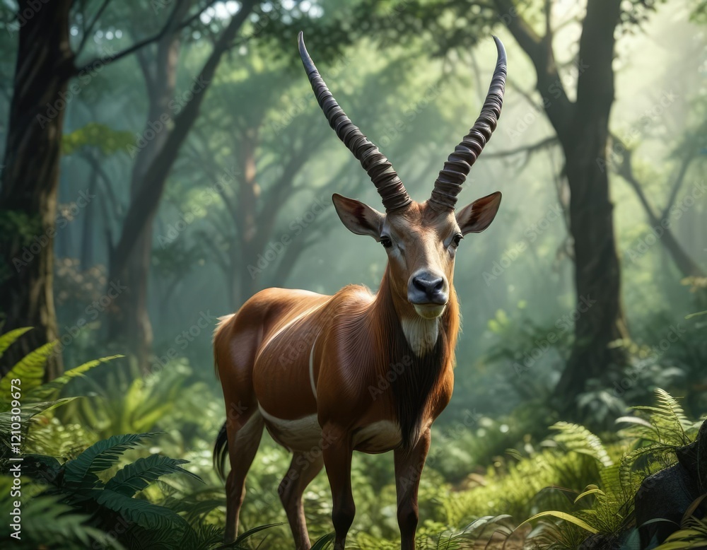 Antelope with striking long horns in a dense jungle environment, jungle, dense vegetation, earthy tones Antelope with striking long horns in a dense jungle environment, jungle, dense vegetation, earthy tones