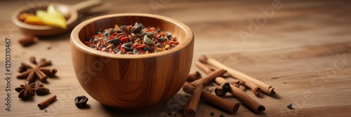 Aromatic wooden cup with Aframomum melegueta spice isolate, botanical, capsule, herb photo