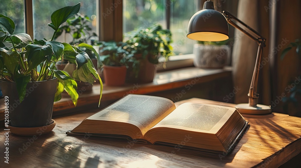 Close-up of an open book on a wooden desk, surrounded by cozy elements like plants and a lamp, ideal for showcasing a calm reading vibe.