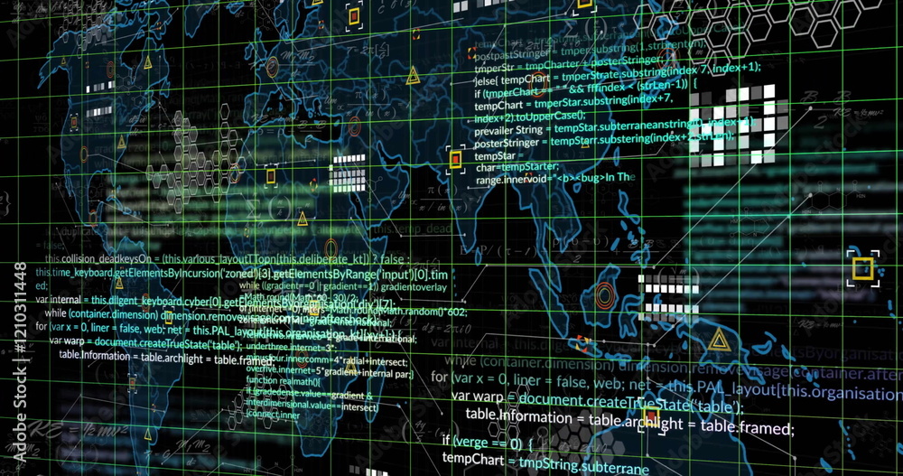 Naklejka premium Image of world map and computer data processing over dark background