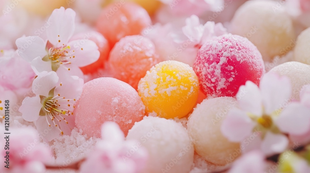 Close-up of vibrant mochi with assorted fillings, delicately arranged alongside cherry blossoms, perfect for Japanese dessert showcases. Close-up of vibrant mochi with assorted fillings, delicately arranged alongside cherry blossoms, perfect for Japanese dessert showcases.