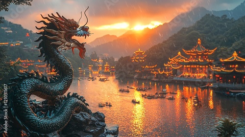Dragon Statue, Sunset over Chinese River Town