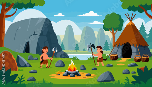 Prehistoric Era Cartoon Design Featuring Early Humans and Tools