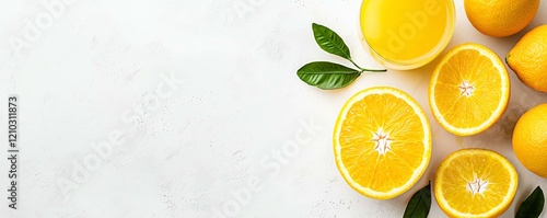 Fresh yellow lemons with juicy slices and green leaves on a light background.