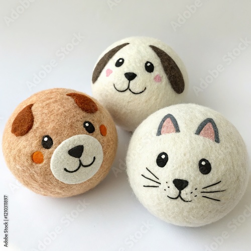 Three cute, handmade felt animal balls featuring a dog and a cat, ideal as playful toys for pets. photo