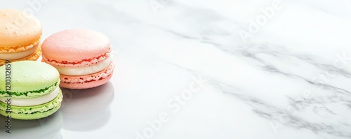 Colorful macarons on a marble surface, perfect for dessert lovers and culinary photography. photo