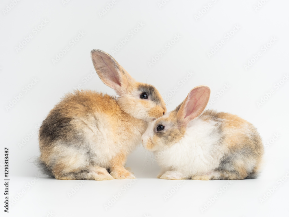 Fototapeta premium Two baby cute rabbit with tri-colored fur standing on white background. Baby rabbit pet is adorable.