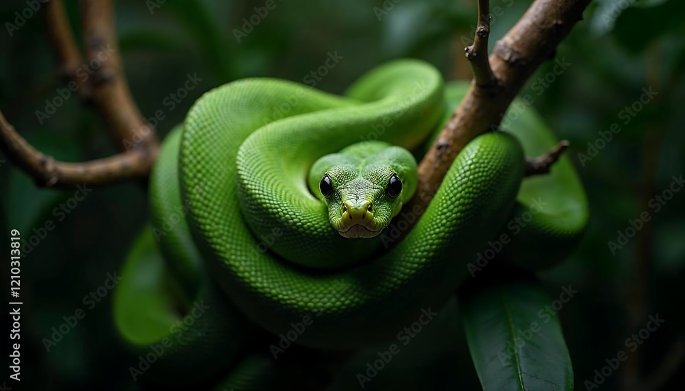 Emerald Tree Boa Snake Wrapped Around Branch