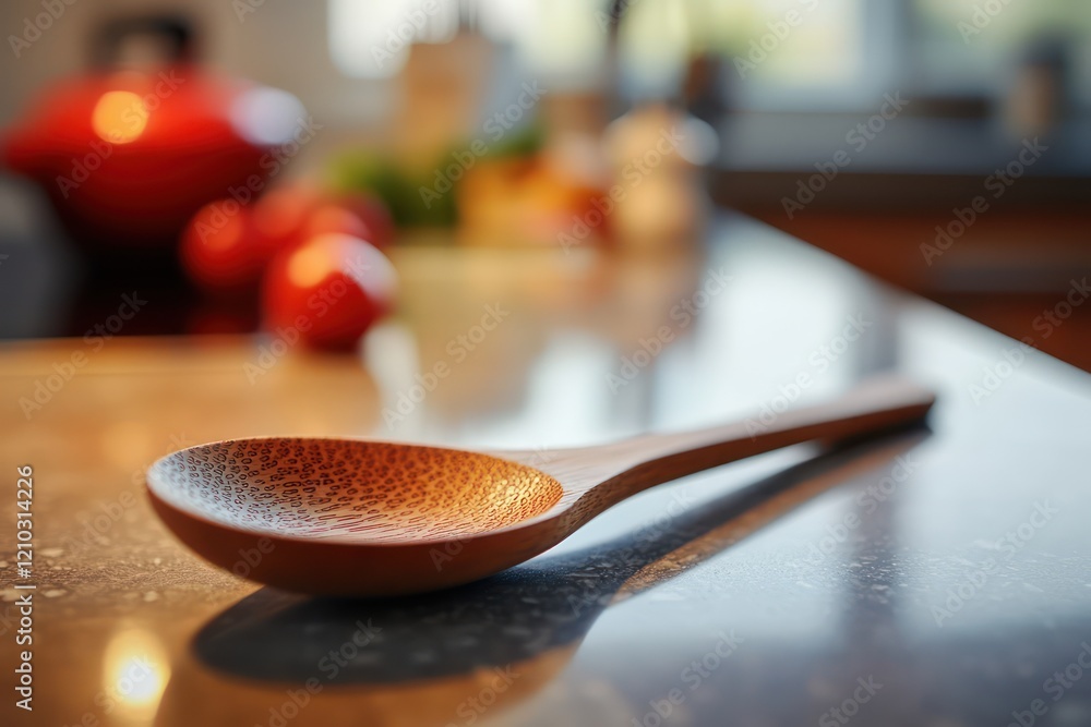 A close-up of a textured wooden spoon resting on a kitchen surface, softly lit with blurred culinary elements in the background
