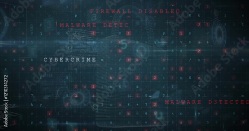 Image of virus warning, padlock and data processing over dark background