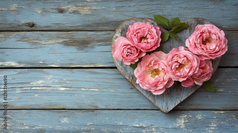 Romantic Pink Roses on Heart-Shaped Wooden Background Decor Romantic Pink Roses on Heart-Shaped Wooden Background Decor