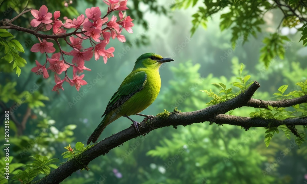 Fototapeta premium Bird perched on a thin branch with lush green foliage in full bloom, blue and green colors, bird on branch