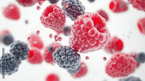 fresh raspberries, blackberries, appearing to float mid-air on a bright white background, highlighting their juicy textures and vivid colors.