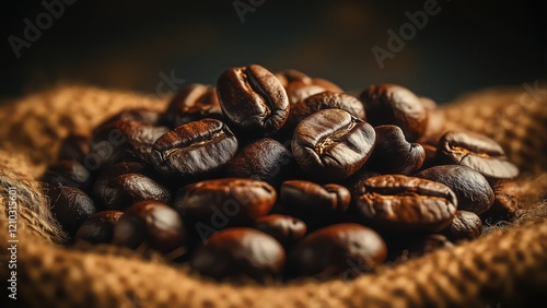 Generated imageA close-up photo of roasted coffee beans, showcasing their rich, glossy texture and deep brown hues, arranged on a burlap sack for a rustic and aromatic appeal.