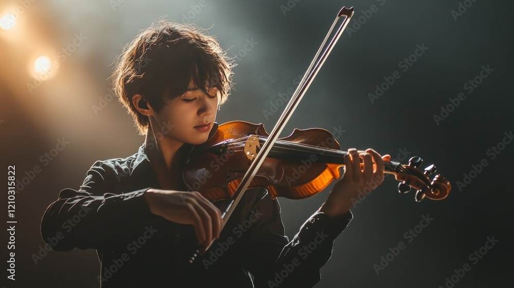 Fototapeta premium WIDE young aspiring musician playing violin on a stage of a large venue. Shot with 2x anamorphic lens