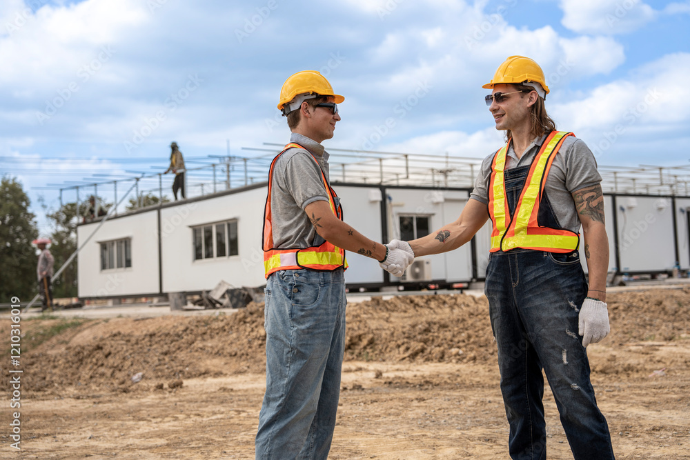 Two construction workers wearing hard hats and safety vests shaking hands at a construction site, symbolizing collaboration and successful teamwork with modular units in the background. Two construction workers wearing hard hats and safety vests shaking hands at a construction site, symbolizing collaboration and successful teamwork with modular units in the background.