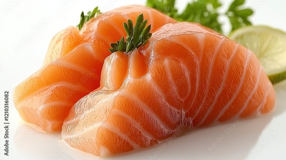 Fresh Salmon Slices with Herb Garnish and Lime on White Plate Fresh Salmon Slices with Herb Garnish and Lime on White Plate