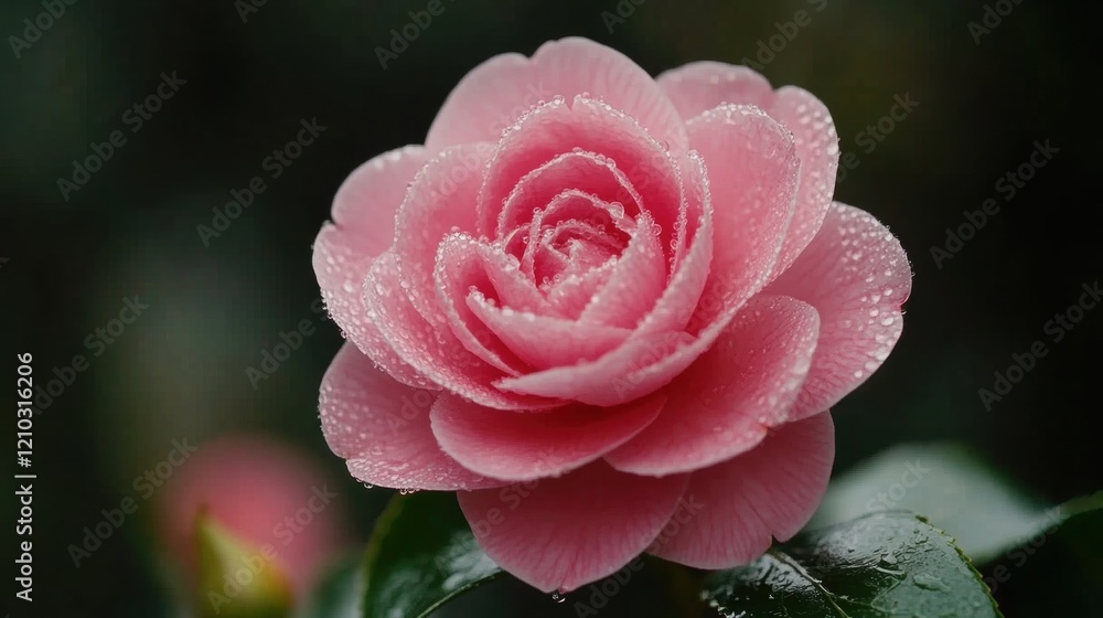 Pink Rose Blossom with Dew Drops on Petals in Garden Setting Pink Rose Blossom with Dew Drops on Petals in Garden Setting