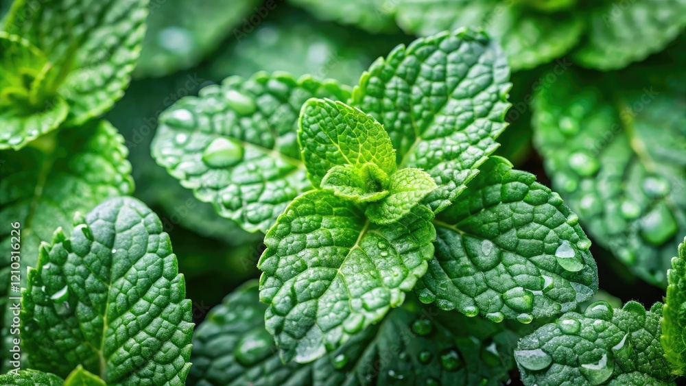Close-up of mint leaves after a refreshing shower, with tiny droplets on the surface, close-up, fresh herbs Close-up of mint leaves after a refreshing shower, with tiny droplets on the surface, close-up, fresh herbs